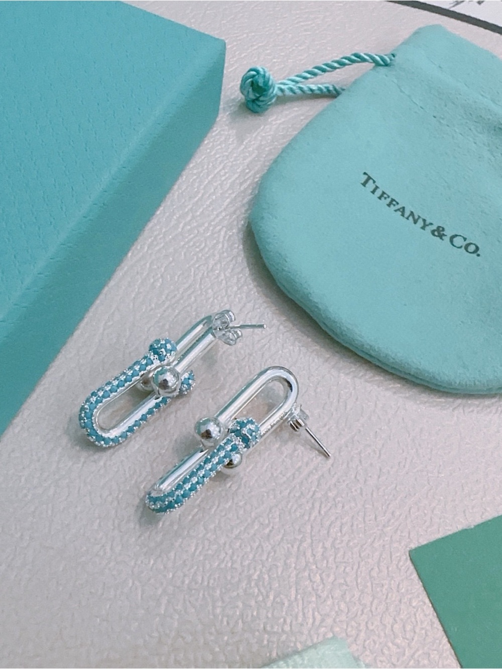 Tiffany & Co. Silver Hoop Earrings with Signature Tiffany Blue Accents
